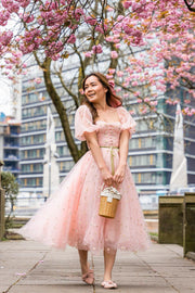 Pink Floral Embroidered Dress with Half Puffy Sleeves