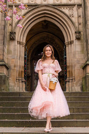 Pink Floral Embroidered Dress with Half Puffy Sleeves