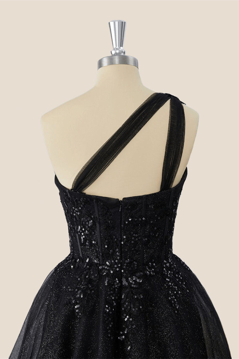 One Shoulder Black Tulle Party Dress