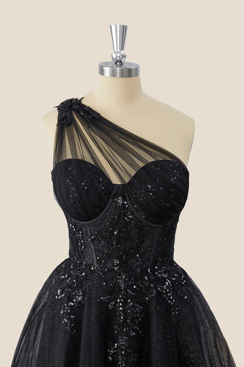 One Shoulder Black Tulle Party Dress