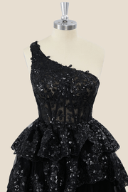One Shoulder Black Appiques Ruffles Short Party Dress