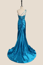 One Shoulder Fuchsia Appliques Ruched Mermaid Formal Dress
