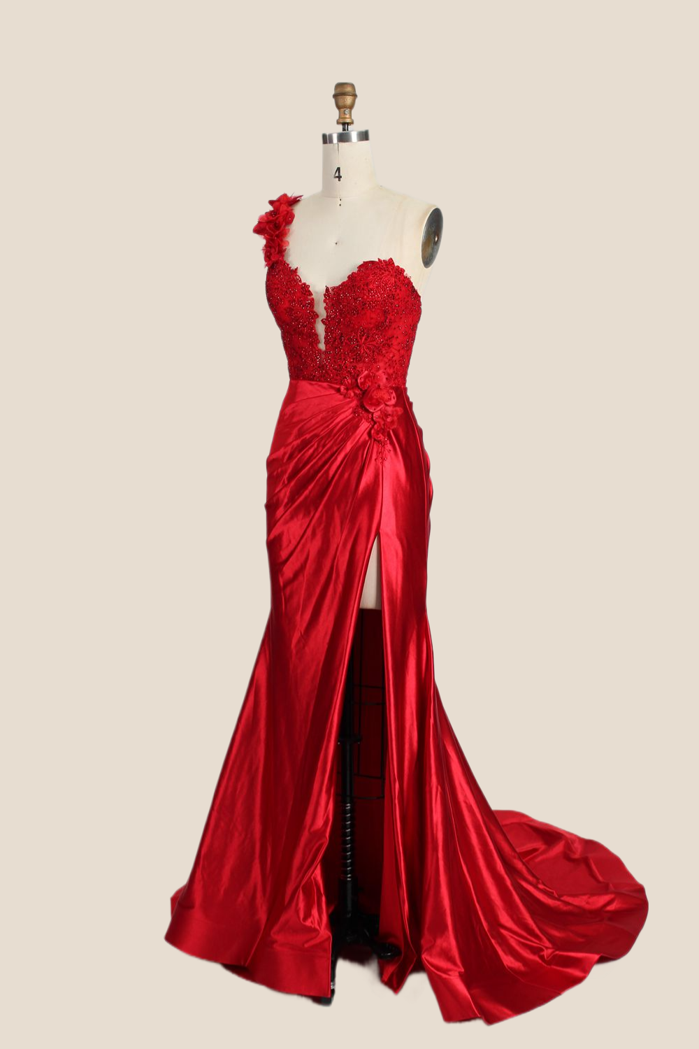 One Shoulder Red Appliques Ruched Mermaid Formal Dress