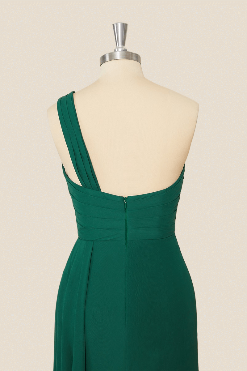 One Shoulder Green Pleated Chiffon Long Dress