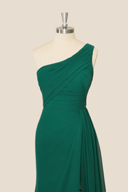 One Shoulder Green Pleated Chiffon Long Dress