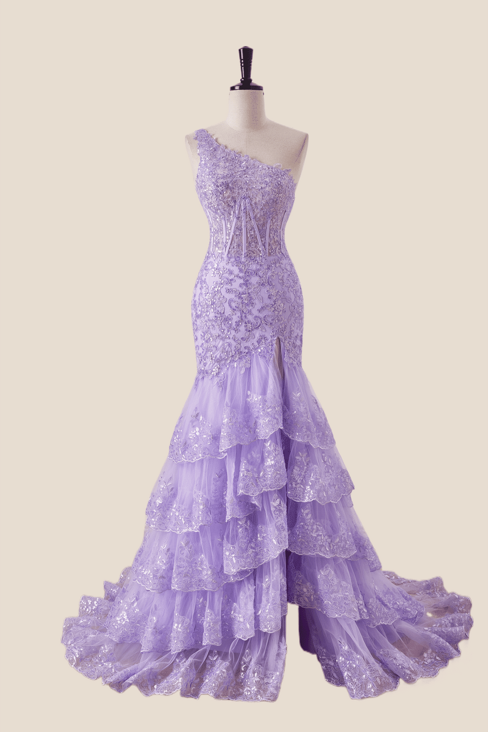 Dreamy Lavender Sheer Mesh One-Shoulder Long Prom Gown