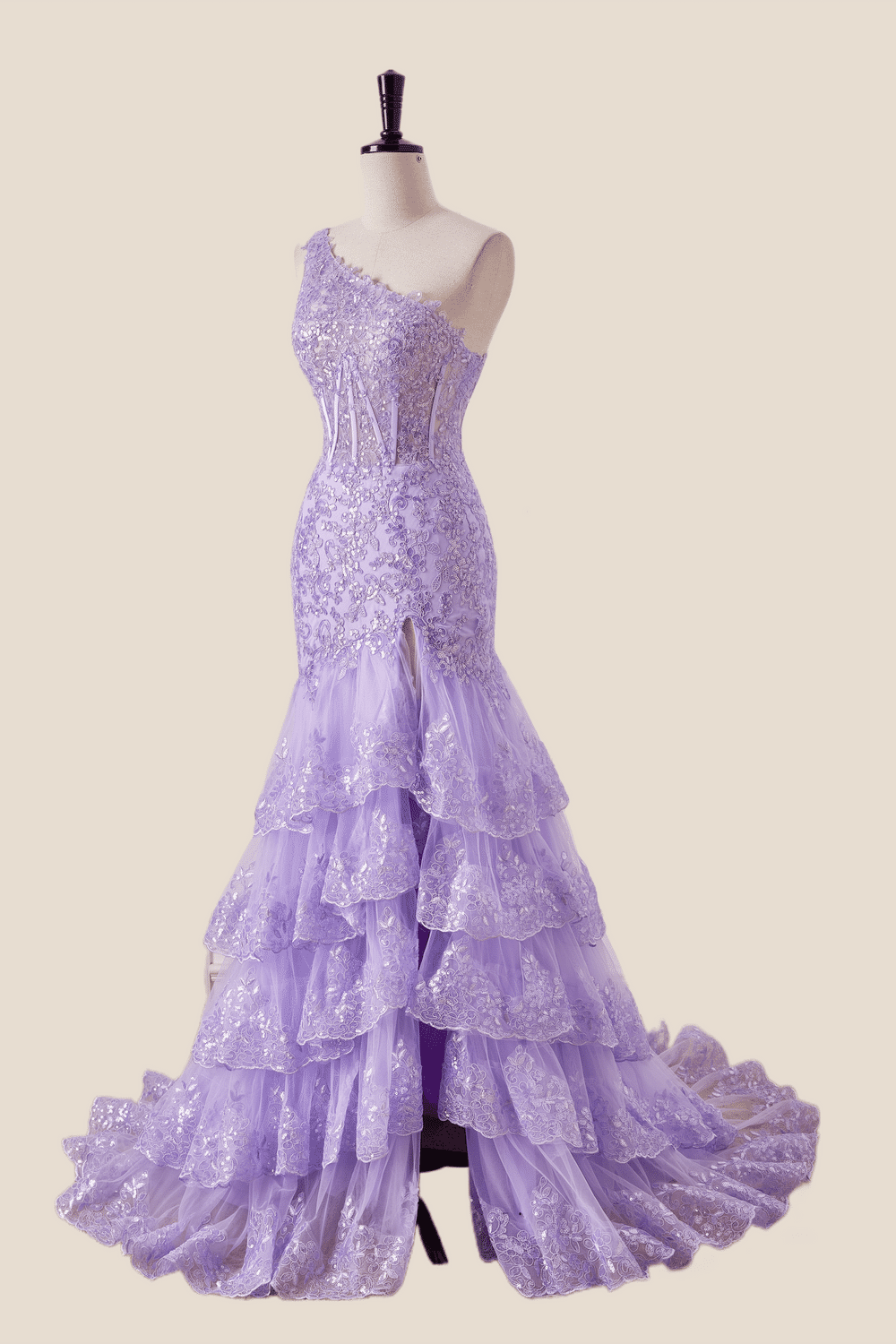 Lavender V Neck Ruffles Long Prom Dress Appliques Mermaid With Long Sleeves main image 1