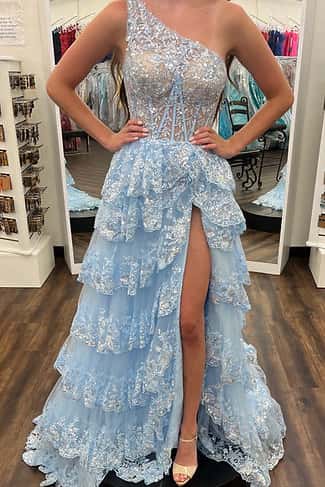 US 4 One Shoulder Light Blue Ruffle Prom Dress
