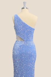 One Shoulder Light Blue Sequin Mermaid Party Dress