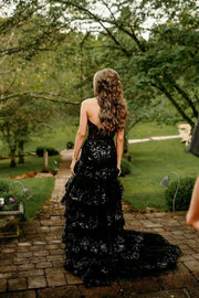 One Shoulder Black Appliques Mermaid Prom Dress