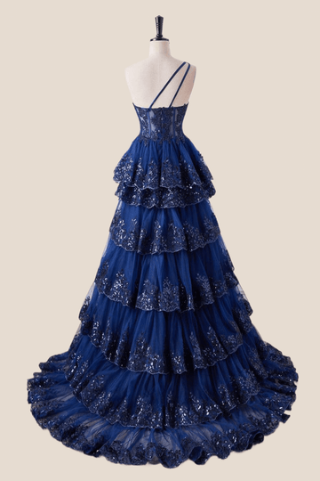 One Shoulder Navy Blue Appliques Tiered Ruffles Prom Dress