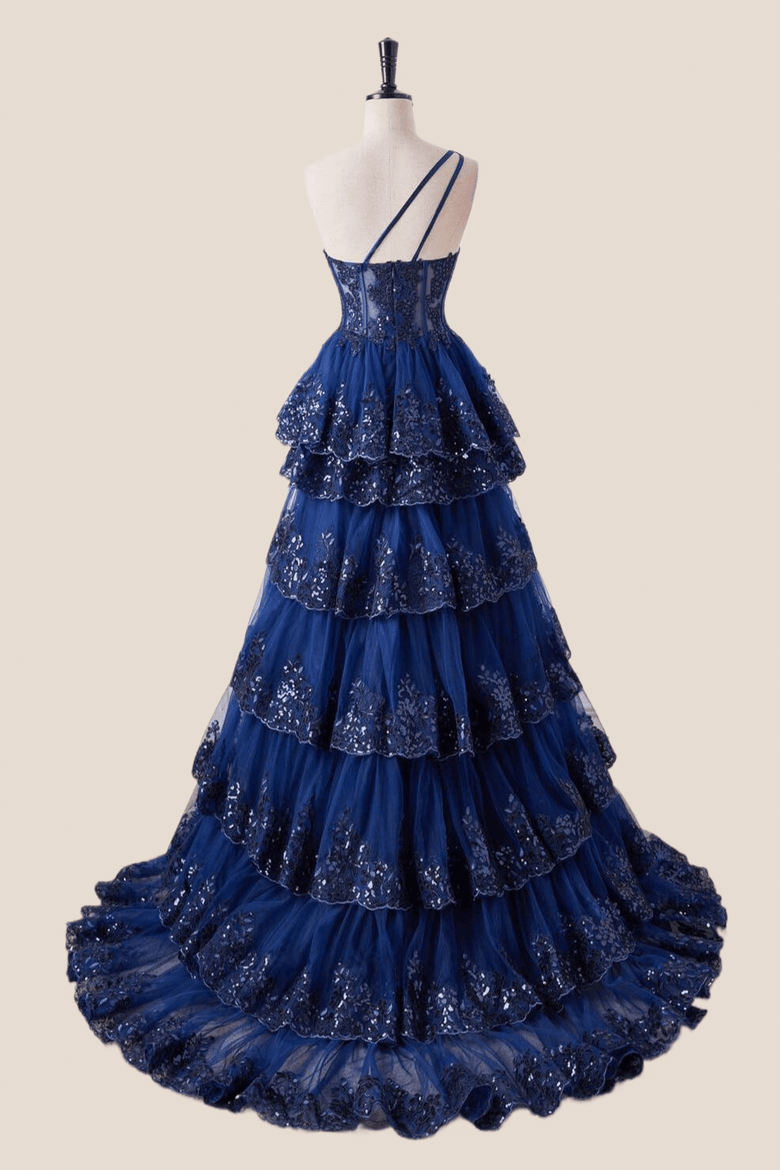 15682 Navy Blue Cold Shoulder Sequins Dress