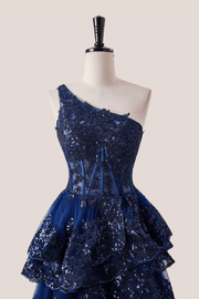 One Shoulder Navy Blue Appliques Ruffles Long Formal Dress