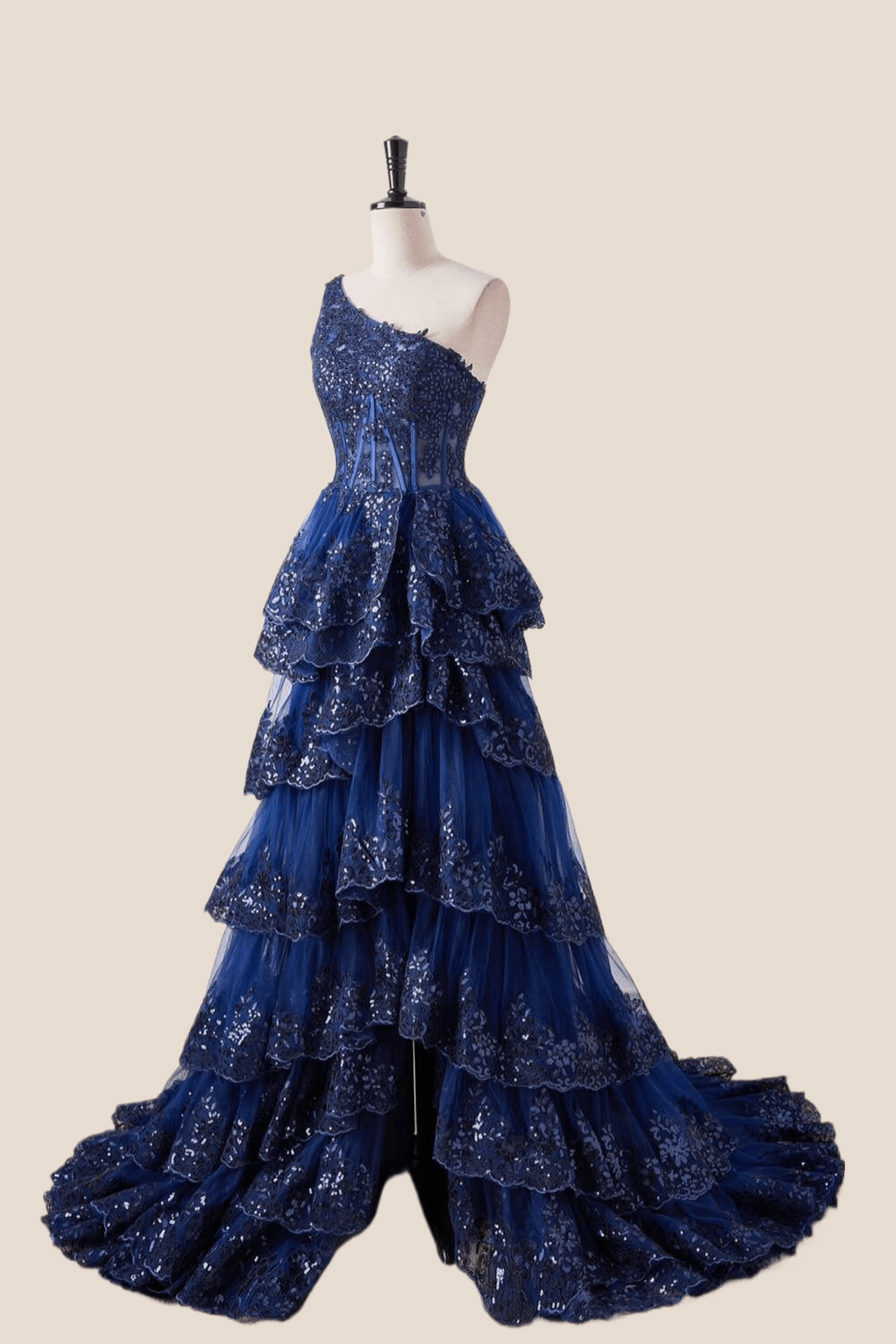 Stunning Long Sleeve One Shoulder Navy Blue Evening Party Gowns Mermaid Split With Crystal