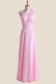 Pleated One Shoulder Pink Chiffon Long Bridesmaid Dress