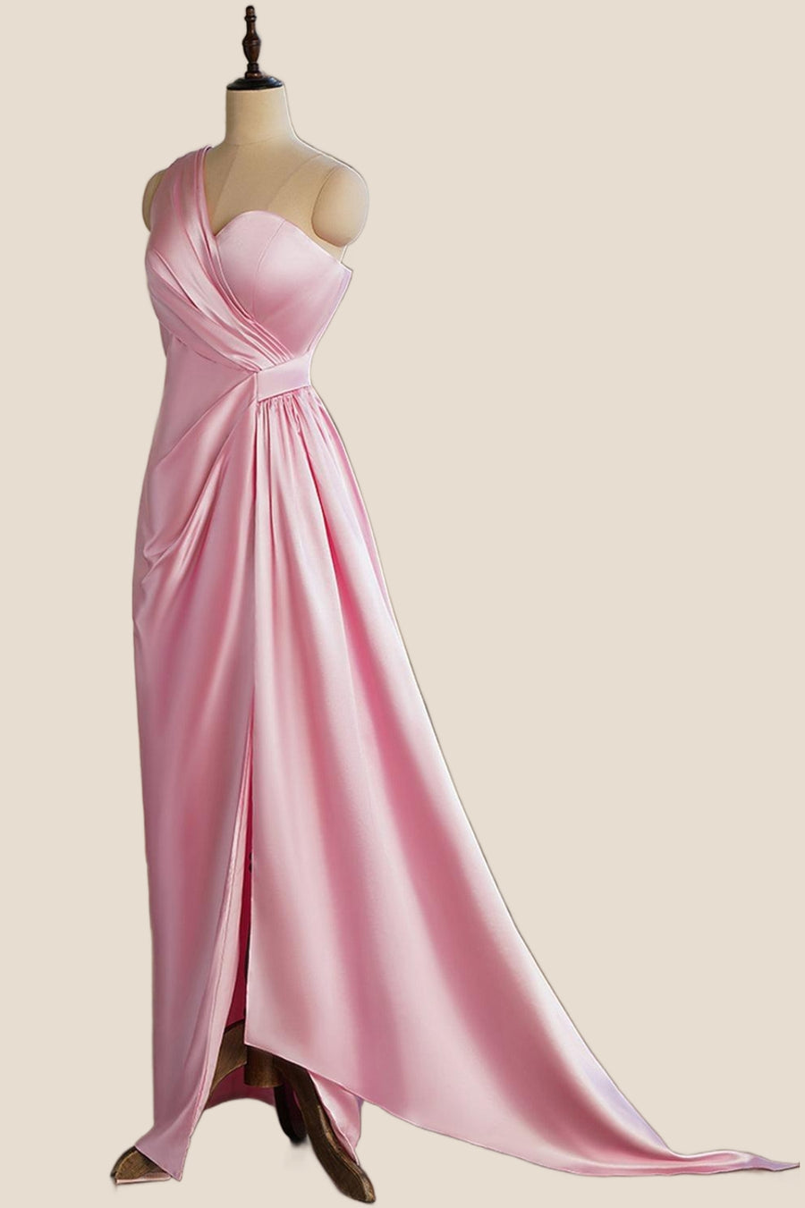 One Shoulder Pink Ruched Long Party Dress
