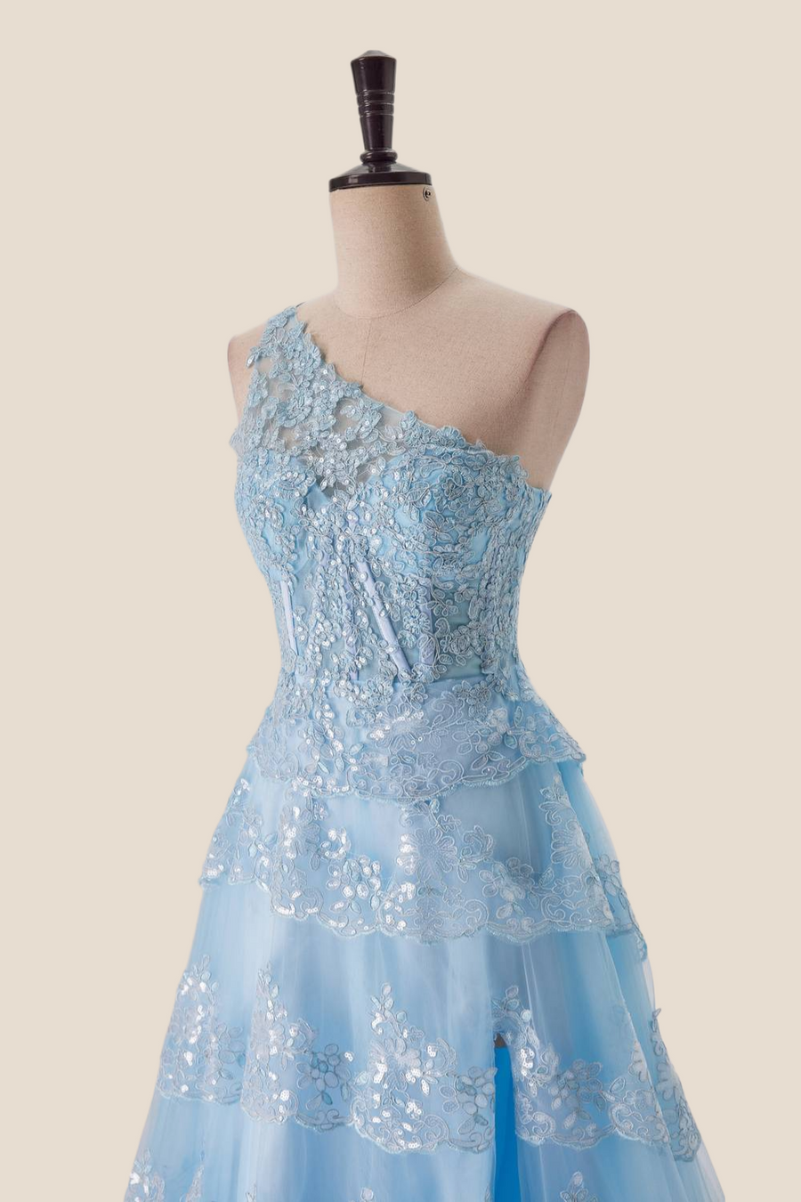 One Shoulder Light Blue Appliques Ruffle Formal Dress