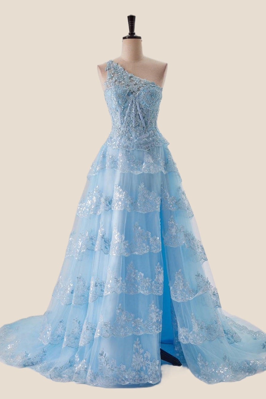 One Shoulder Light Blue Appliques Ruffle Formal Dress