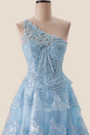 One Shoulder Light Blue Appliques Ruffle Formal Dress