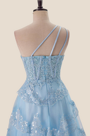 One Shoulder Light Blue Appliques Ruffle Formal Dress