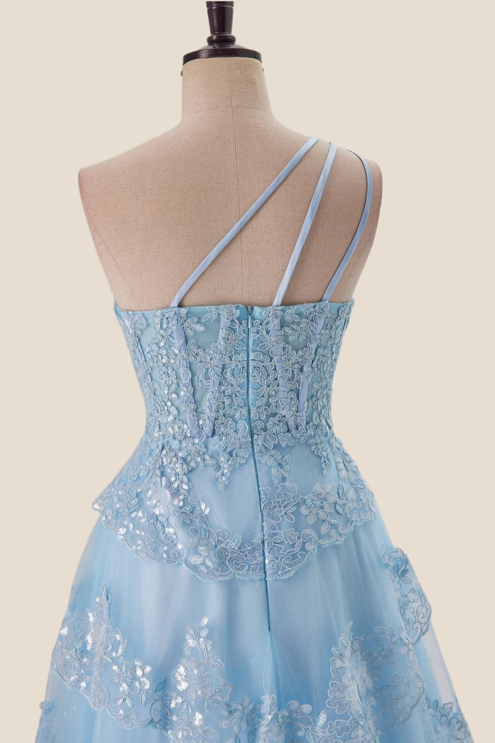 One Shoulder Light Blue Appliques Ruffle Formal Dress Ohmollydress One Shoulder Light Blue Appliques Ruffle Formal Dress Ohmollydress