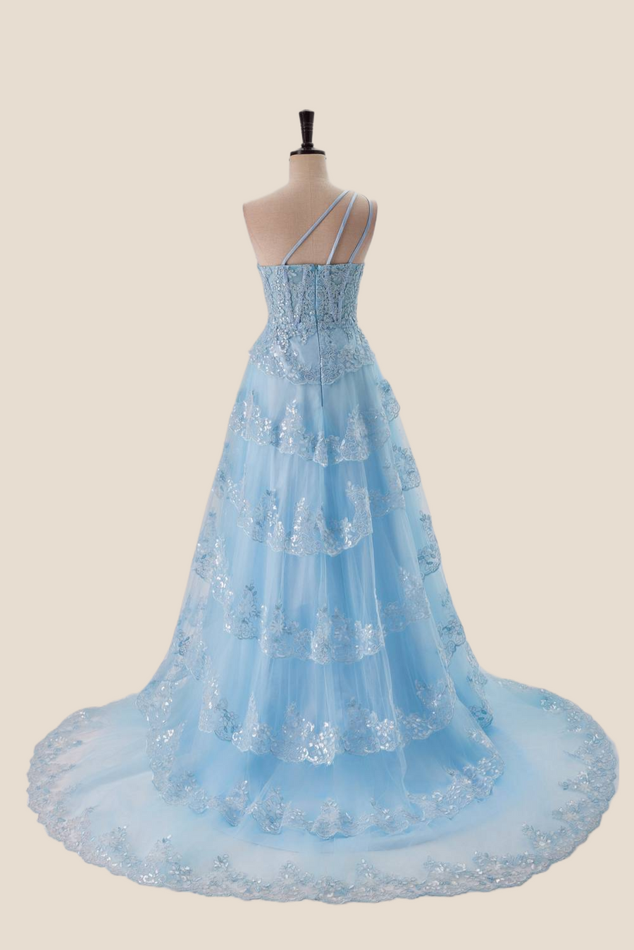 One Shoulder Light Blue Appliques Ruffle Formal Dress