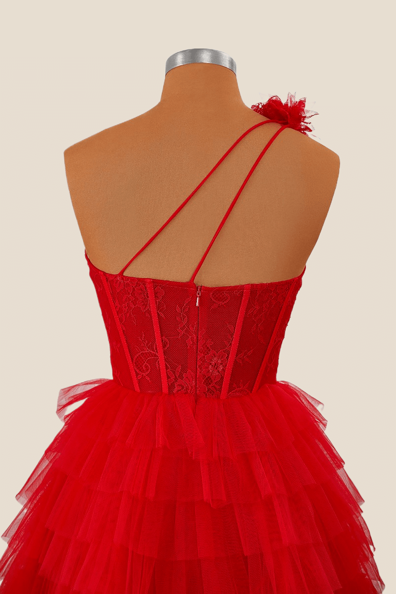 One Shoulder Red Lace and Tulle Short Homecoming Dress