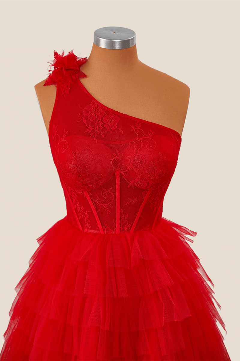 One Shoulder Red Lace and Tulle Short Homecoming Dress