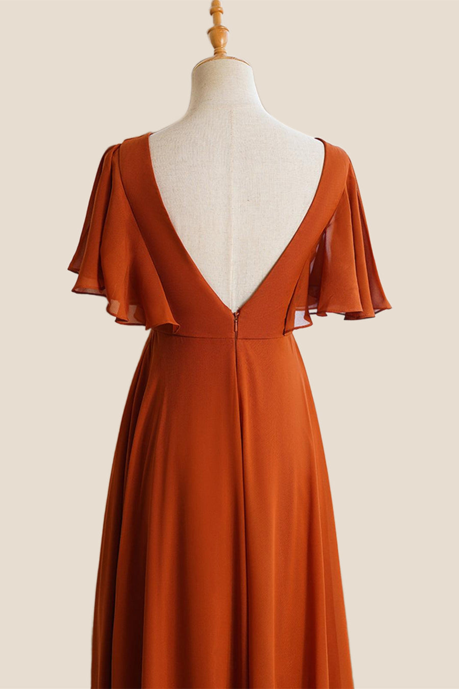 Orange Chiffon Scoop Ruffle Sleeves A-line Long Bridesmaid Dress