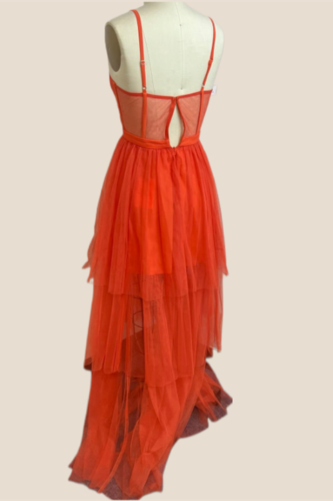 Spaghetti Straps Orange Sheer Corset Tiered Party Dress