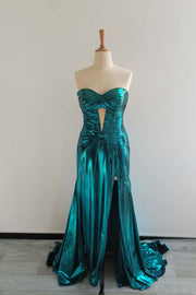 US 6 Peacock Metallic Ruched Mermaid Prom Dress