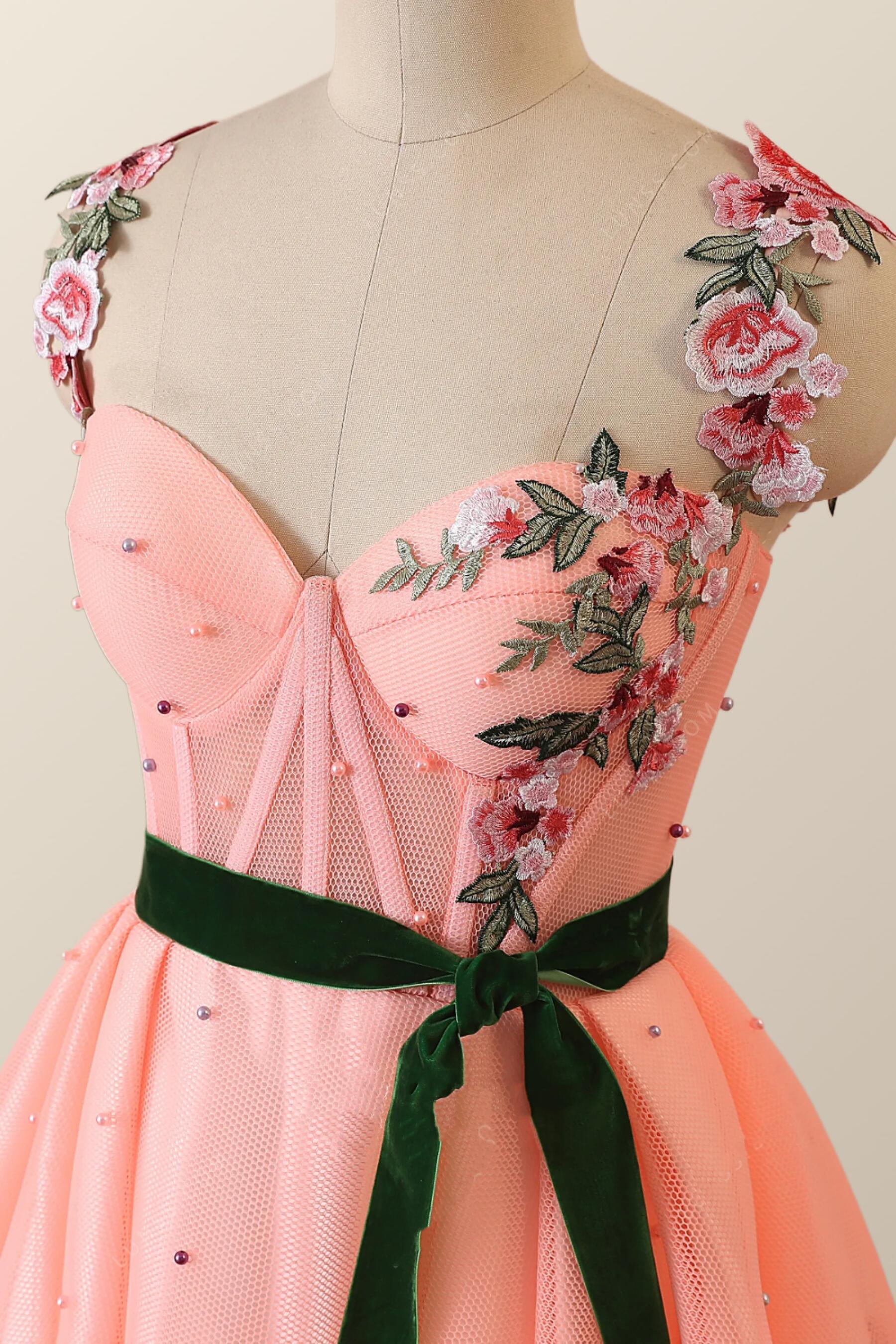 Coral Floral Embroidered Corset Long Formal Dress