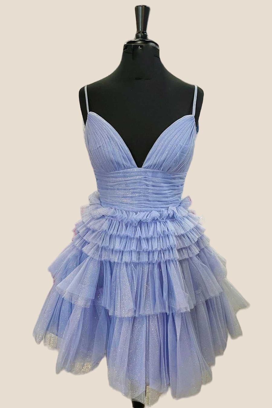 Light Blue Tulle Tiered Short A-line Dress