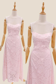 Spaghetti Straps Pink Embroidery Long Dress