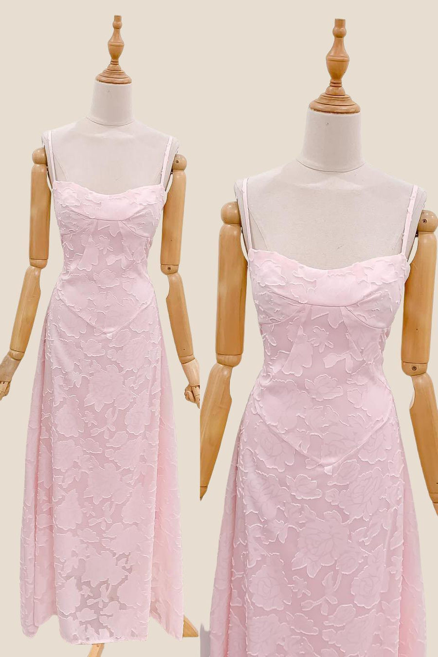 Spaghetti Straps Pink Embroidery Long Dress