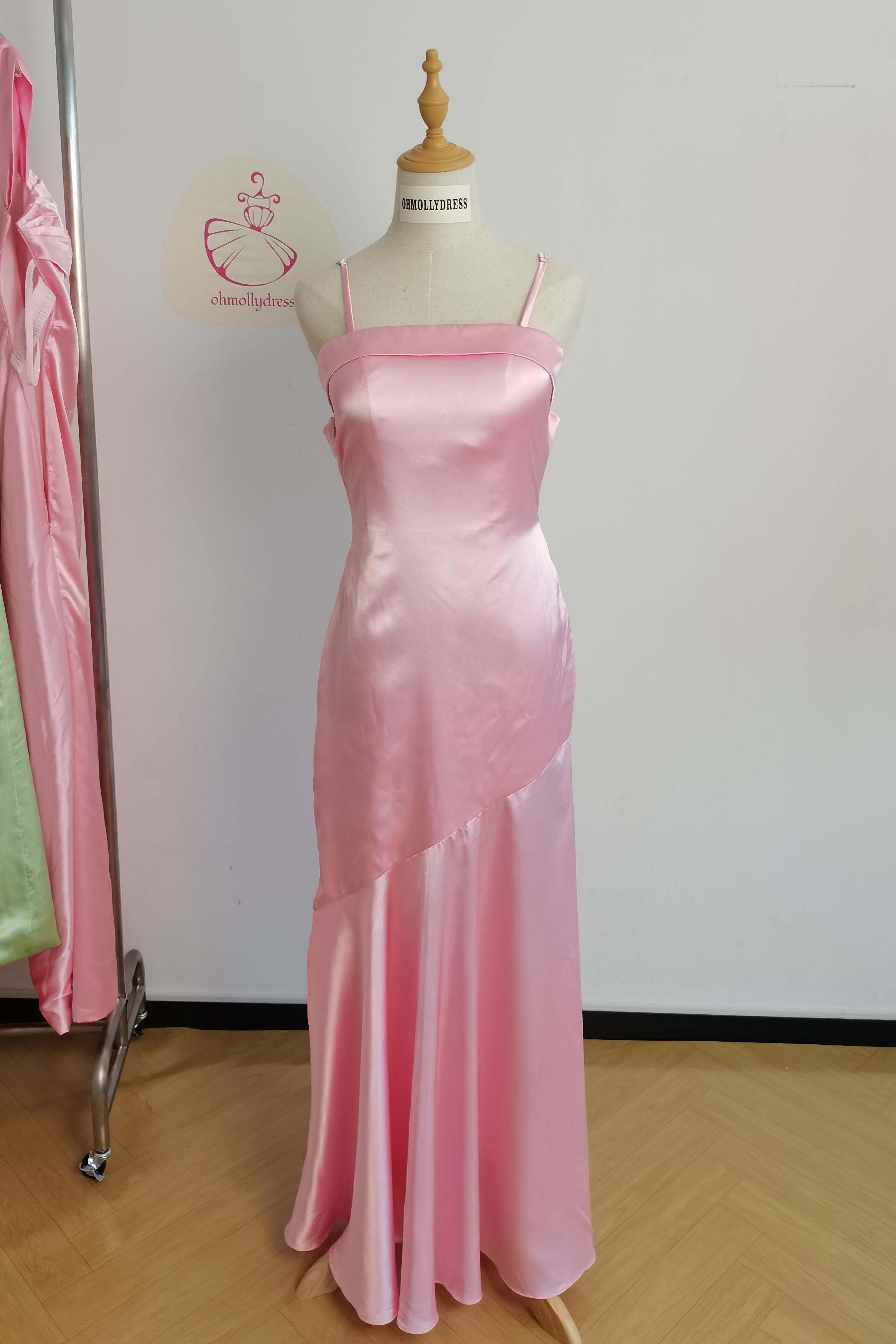 Straps Pink Sheath Long Dress with Back Bow