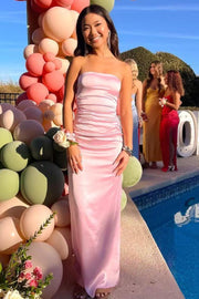 Strapless Pink Ruched Satin Long Dress