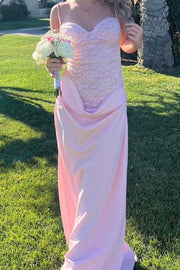 Straps Pink Lace and Satin Slit Long Dress