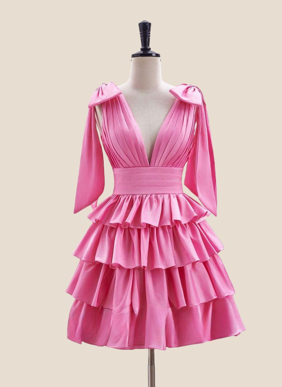 Plunge Neck Pink Layered Ruched Short Dress