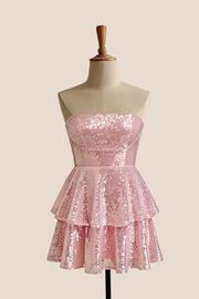 Strapless Pink Sequin Tiered Short Dress
