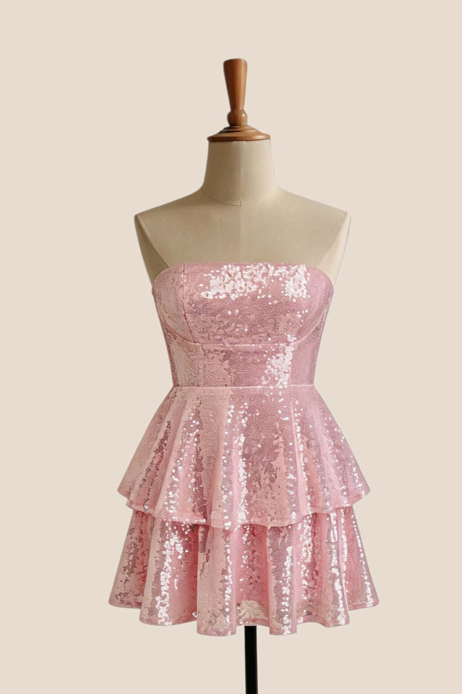 Strapless Pink Sequin Tiered Short Dress