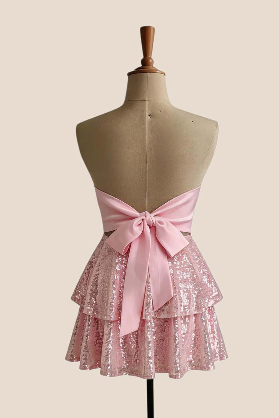 Strapless Pink Sequin Tiered Short Dress