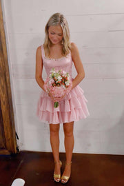Pearls Square Neck Ruffle A-line Short Dress