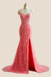 Straps Pink Lace Mermaid Long Formal Dress