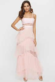 Straps Pink Tulle Ruffled Long Maxi Dress