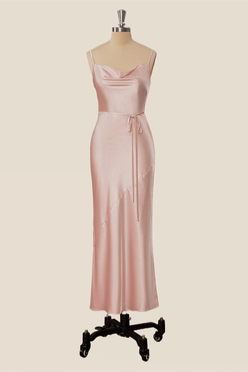 Cowl Neck Pink Sheath Tea Length Dress