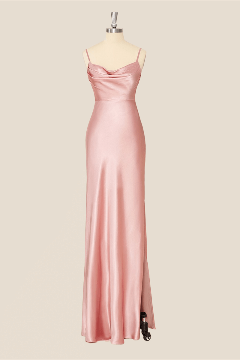 Cowl Neck Pink Sheath Long Party Dress