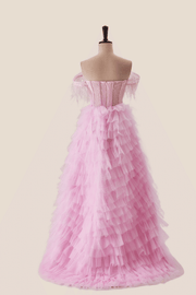 Off the Shoulder Pink Corset Tiered Ruffle Formal Gown