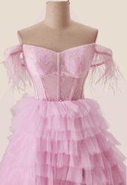 Off the Shoulder Pink Corset Tiered Ruffle Formal Gown