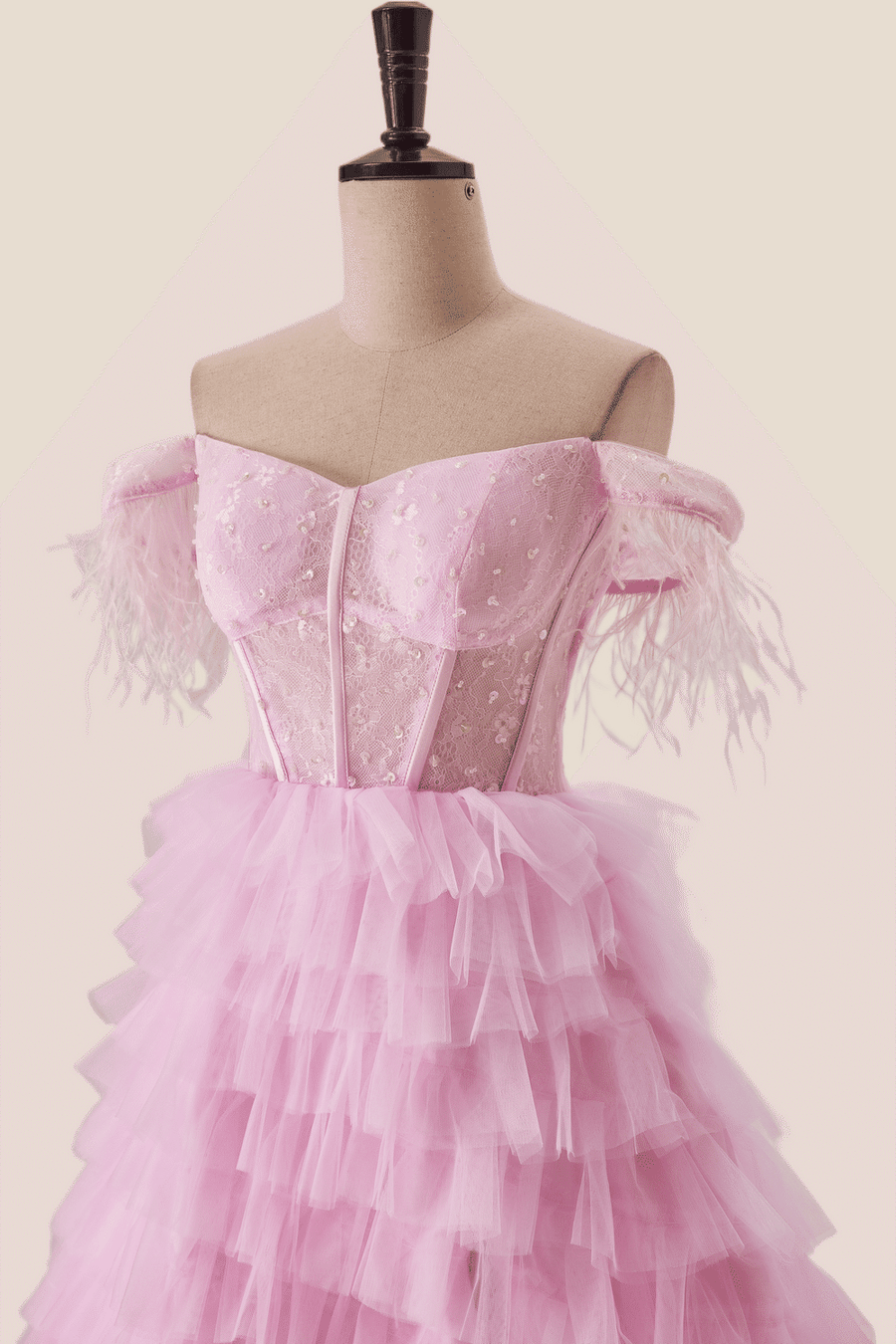 Off the Shoulder Pink Corset Tiered Ruffle Formal Gown